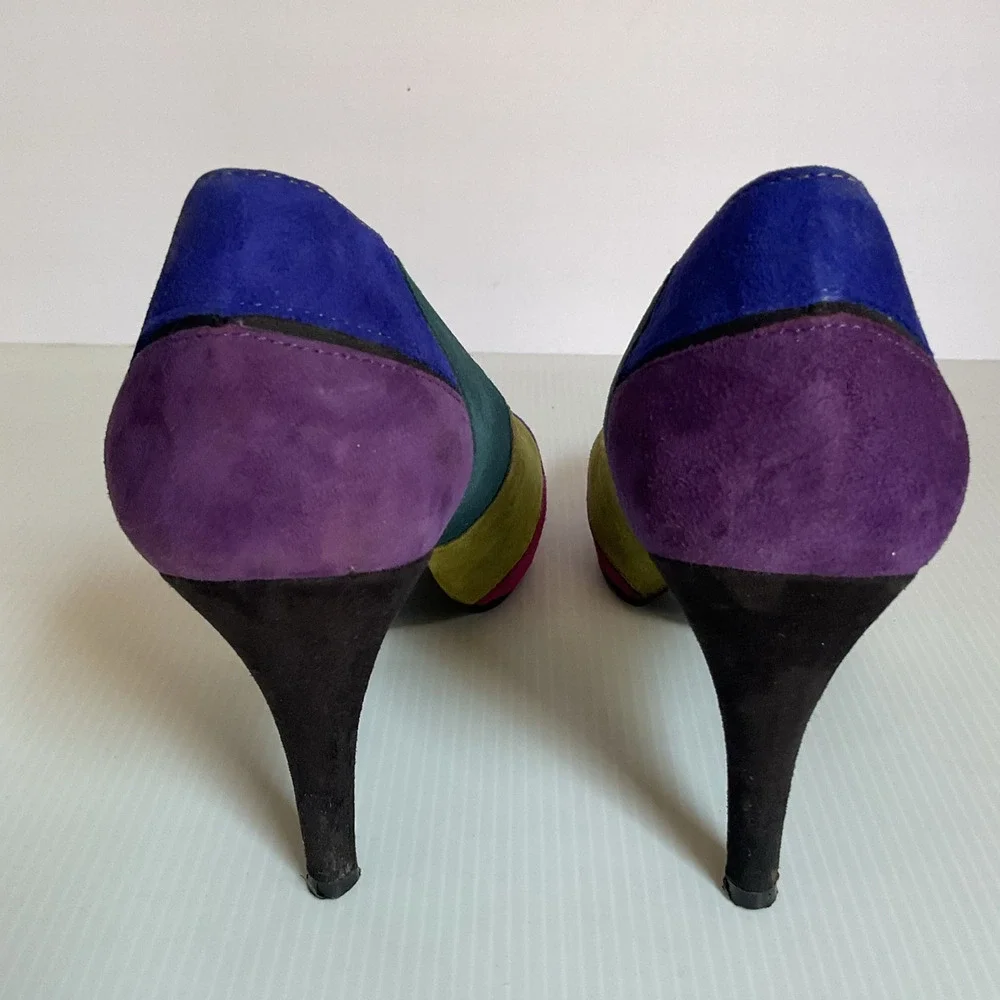 Vintage Nine West Multicolor Suede Patchwork  Retro Y2K  Peep Toe Heels  7.5M